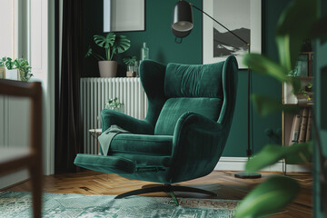 photo of dark green sofa and recliner chair with plants in a scandinavian clean and minimalist living room apartment and design interior furniture