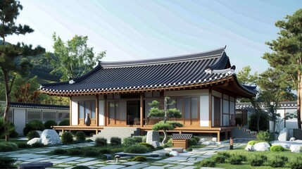 Wall Mural - Hanok with integrated rainwater harvesting system