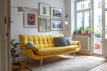 photo of yellow sofa and recliner chair with plants in a scandinavian clean and minimalist living room apartment and design interior furniture