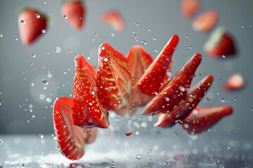 Wall Mural - Cut Strawberry Slices Floating in Mid Air on Light Gray Background