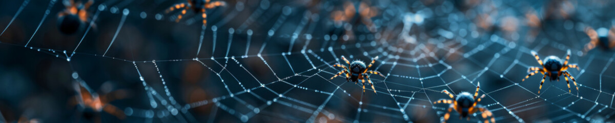 Eerie Atmosphere with Tiny Black Spiders on a Web Against Dark Background