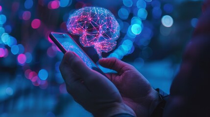 Sticker - A person is holding a cell phone with a brain on the screen