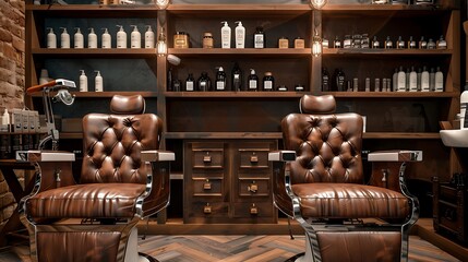 stylish men's barbershop with classic leather barber chairs, a traditional shaving station, and a selection of grooming products displayed on wooden shelves