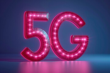 Wall Mural - Glowing 5G sign with LED lights, representing high-speed internet technology. Blue and pink gradient background creating a futuristic look. 3D Illustration.