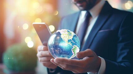 Aufkleber - A businessman using a smartphone globe to connect with potential customers worldwide, expanding his market reach.