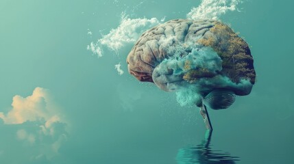 Sticker - A brain is floating in the water with a cloud in the background