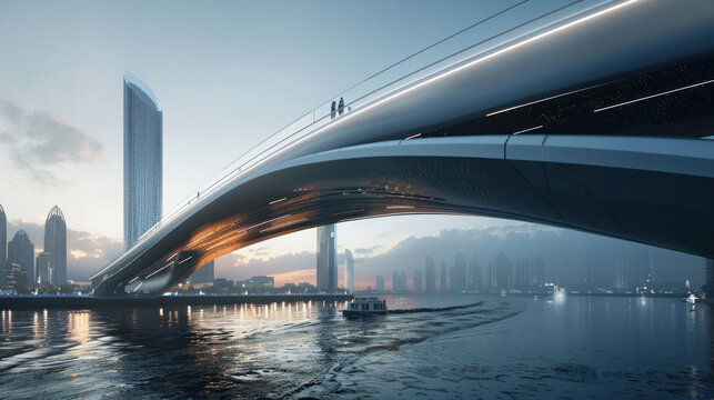 Modern bridge with sleek design over a city waterfront