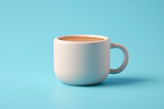 Minimalist white coffee cup filled with coffee on a bright blue background, evoking a clean and modern aesthetic. 3D Illustration.