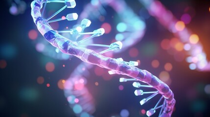 Poster - A captivating animation of a digital DNA molecule, its segments glowing with fluorescent markers, illustrating the use of genetic probes in medical research.