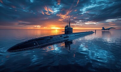 Wall Mural - Military submarine in vast ocean with fighter jet soaring above, evoking vastness and power. illustration images