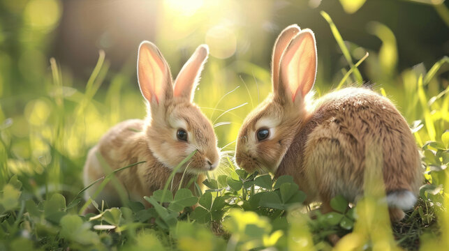 Rabbits eating clover in a sunny grass field