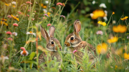 Wall Mural - Rabbits hiding in tall grass with blooming wildflowers