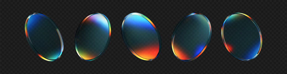 Wall Mural - 3d crystal glass plate set with rainbow, holographic effect isolated on dark background. render tran