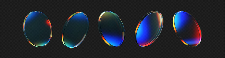 Wall Mural - 3d crystal glass plate set with rainbow, holographic effect isolated on dark background. render tran