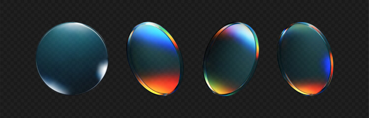 Wall Mural - 3d crystal glass plate set with rainbow, holographic effect isolated on dark background. render tran