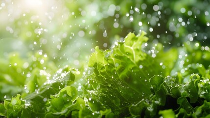 Wall Mural - Lush green leaves with water droplets in natural background