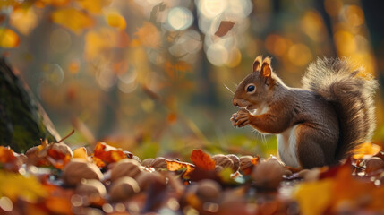 Wall Mural - Squirrel gathering nuts in an autumn forest