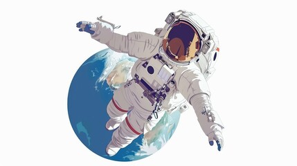 Wall Mural - Cosmonaut floats in the air in weightlessness and looks out all around him. Universe explorer and adventure, snugly modern scene.