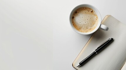 Sticker - A white background with a cup of coffee and a pen on a blank book