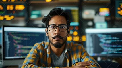 The picture of the software developer or programmer working with the computer and data inside the dark room with monitor, the developer require skills like problem solving and program language. AIG43.