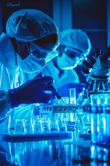 Canvas Print - Research scientists in a life science laboratory. A young female research scientist and her senior supervisor prepare and analyze microscope slides.