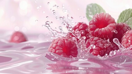 Wall Mural - Ripe Raspberries Splashing in a Pink Pool