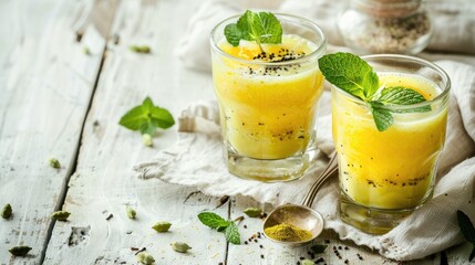 yellow cardamom milk on a white wooden background, featuring two glasses filled with the drink and garnished with mint leaves near a cut spoon.