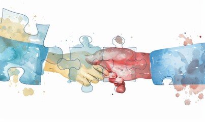 Wall Mural - Partnership, teamwork or collaboration to success, solve jigsaw puzzle together,