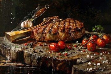 Wall Mural - Grilled steak served with fresh cherry tomatoes and garlic on a rustic wooden board, perfect for a tasty barbecue meal.