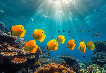Wall Mural - Photo of a school of yellow butterfly fish swimming over a coral reef in the Red Sea
