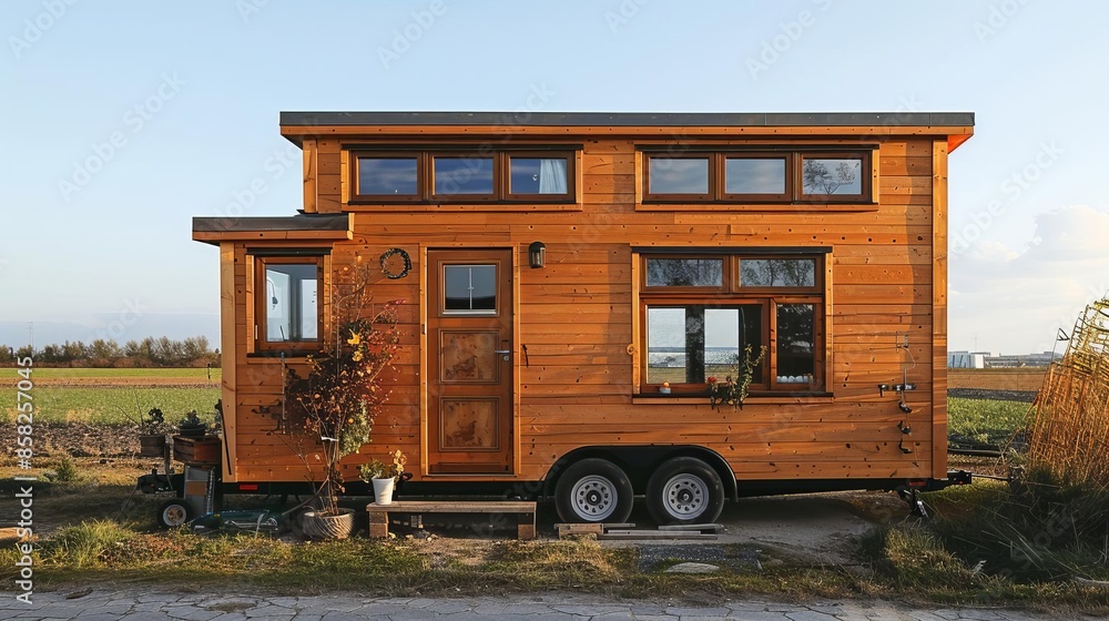 Tiny house on wheels with compact, efficient design, set against a ...