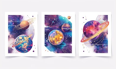 Wall Mural - Space, planets and galaxy. Set of futuristic space posters featuring planets, cosmos