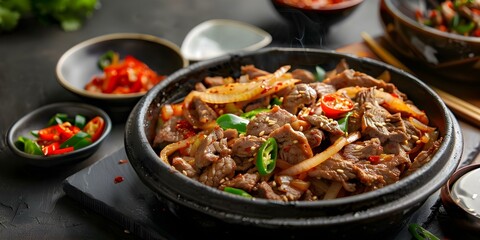 Wall Mural - Sizzling bulgogi beef with kimchi stew onions peppers and traditional side dish. Concept Korean Cuisine, Bulgogi Beef, Kimchi Stew, Traditional Side Dishes, Spicy Korean Food
