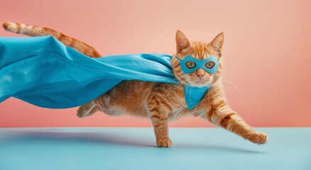 Wall Mural - superhero cat, orange tabby with blue 