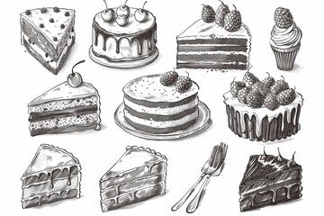 Wall Mural - The image features cake and cream tarts, fruit desserts and muffins. A vintage engraved sketch. An illustration for a banner or menu of a cafe or restaurant.