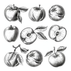 Wall Mural - Modern drawing set of apricots with sliced, branched, and hand-drawn fruit