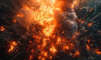 Wall Mural - explosive scene with raging flames, smoke, and debris, representing the devastating impact of war on
