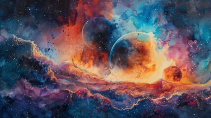 Wall Mural - Abstract watercolor painting of planets in a swirling nebula with vibrant colors.