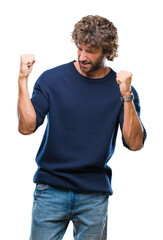 Sticker - Handsome hispanic model man wearing winter sweater over isolated background very happy and excited doing winner gesture with arms raised, smiling and screaming for success. Celebration concept.