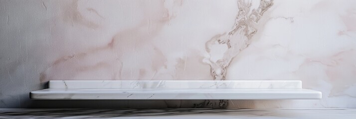 Wall Mural - a clean, white marble shelf is placed on a marble floor, with copy space to the right of the shelf