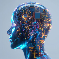 Wall Mural - 3d render of human head profile with brain and chip, blue glow on background, medical concept

