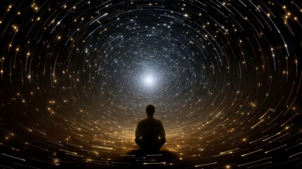 Aufkleber - A meditative figure, their silhouette outlined against a swirling vortex of stars, embodies the infinite potential that lies within each individual, connecting them to the vastness of space.