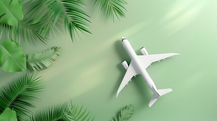 Canvas Print - Airplane with green background and palm leaf for travel concept