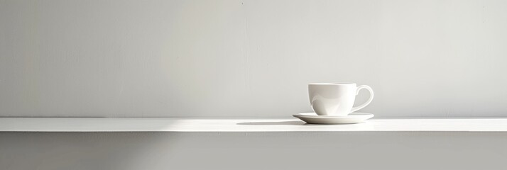Wall Mural - a single white cup and saucer are positioned on a white countertop in a minimalistic setting. the sc
