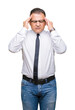 © Krakenimages.com - Middle age bussines arab man wearing glasses over isolated background with hand on head for pain in head because stress. Suffering migraine.