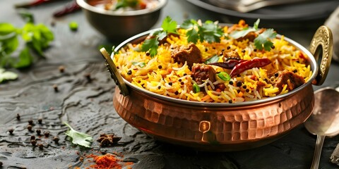 Wall Mural - Spicy Indian biryani with basmati rice meat curry cooked in copper utensils. Concept Indian cuisine, Biryani recipes, Cooking in copper, Basmati rice, Spices and curry