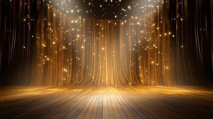 Poster - A mesmerizing cascade of flashing LED lights shimmers behind a stage adorned with shimmering gold drapes, creating a regal ambiance.