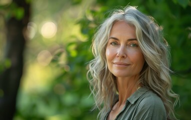 Wall Mural - A woman with long gray hair is smiling and looking at the camera. She is wearing a green shirt and is standing in a forest
