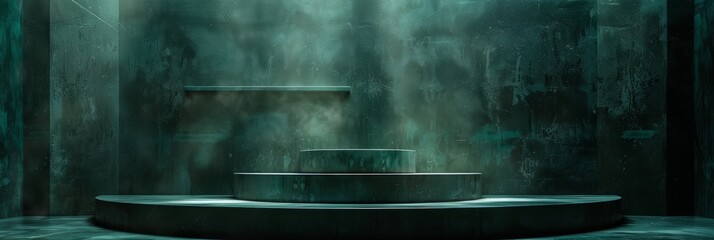 Wall Mural - a dark green podium stage with three levels is illuminated by spotlights, creating a dramatic and at
