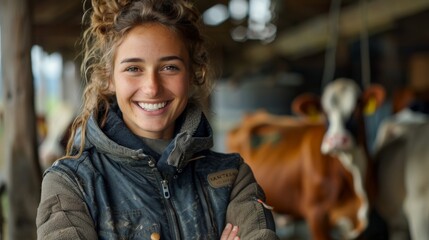 A joyous young woman in dark farm attire, smiling broadly and standing in front of cows in a barn, highlighting her active connection to the farm life and animals around her.